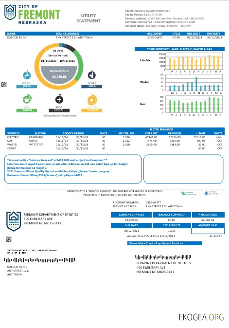 Modèle Word et PDF de facture de services publics de la ville de Fremont, Nebraska, aux États Unis